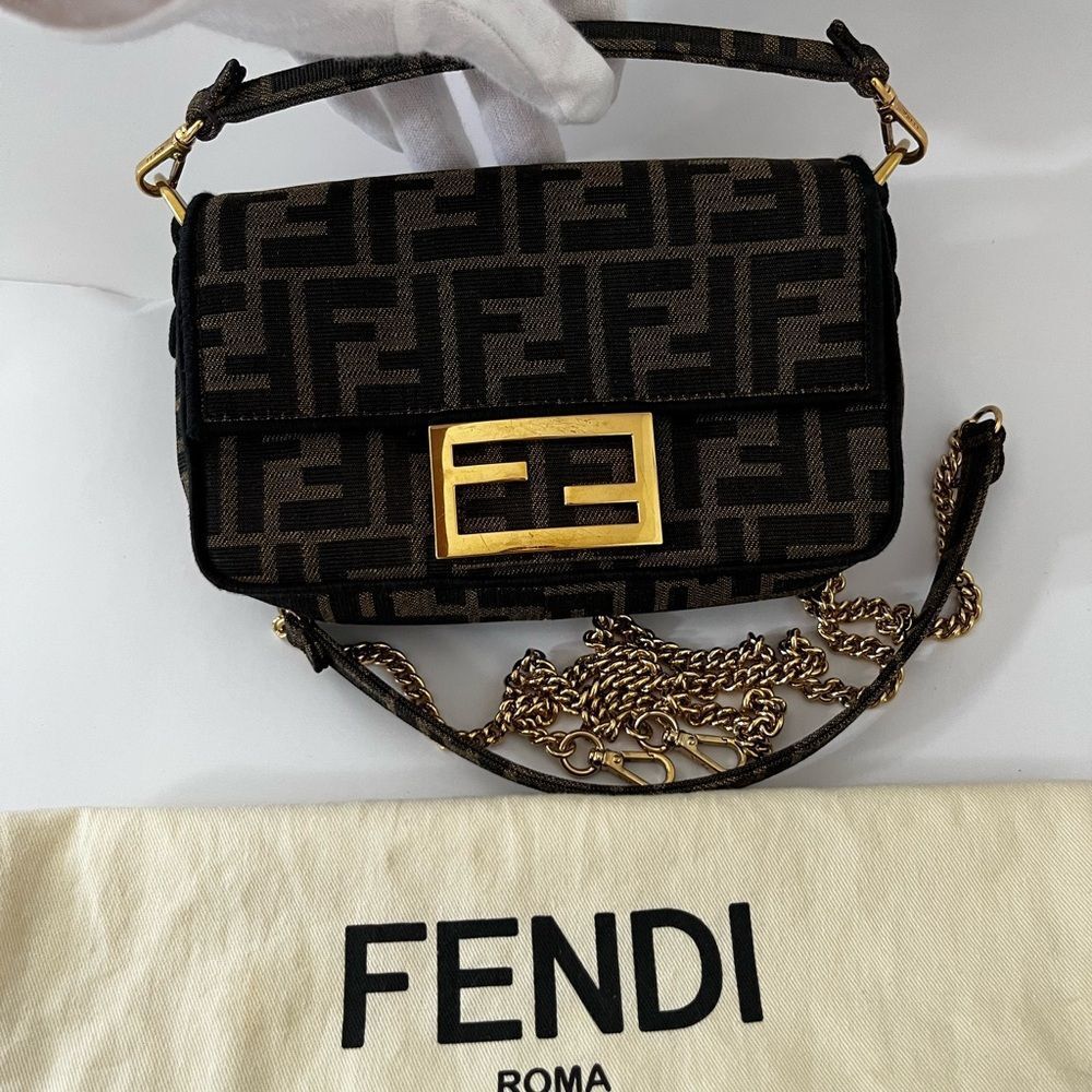 100% Authentic FENDI Zucca Baguette Mini Bag In Brown